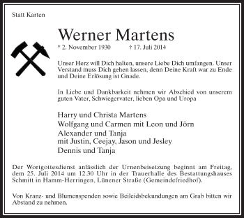 Todesanzeige von Werner Martens von MZV