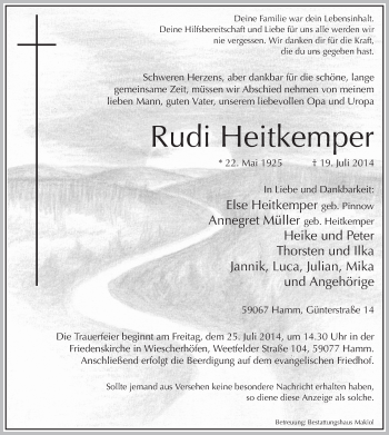 Todesanzeige von Rudi Heitkemper von MZV