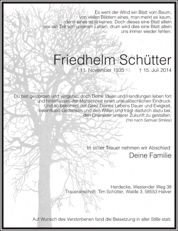 Todesanzeige von Friedhelm Schütter von MZV