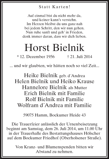 Todesanzeige von Horst Bielnik von MZV