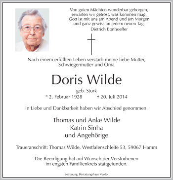 Todesanzeige von Doris Wilde von MZV