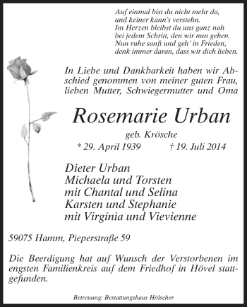 Todesanzeige von Rosemarie Urban von MZV