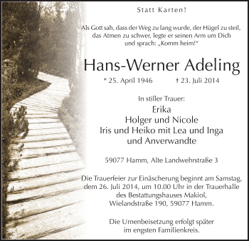 Todesanzeige von Hans-Werner Adeling von MZV