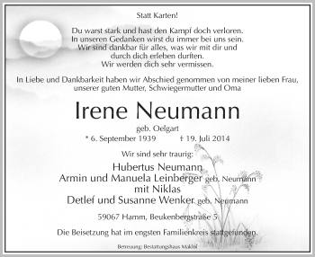 Todesanzeige von Irene Neumann von MZV