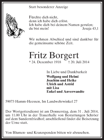 Todesanzeige von Fritz Borgert von MZV