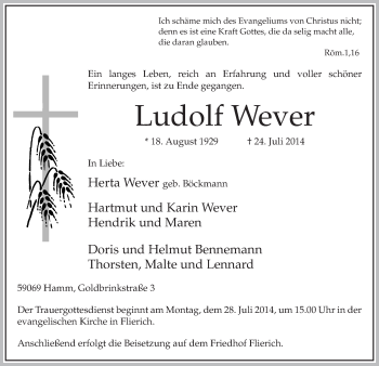 Todesanzeige von Ludolf Wever von MZV
