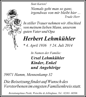 Todesanzeige von Herbert Lehmkühler von MZV