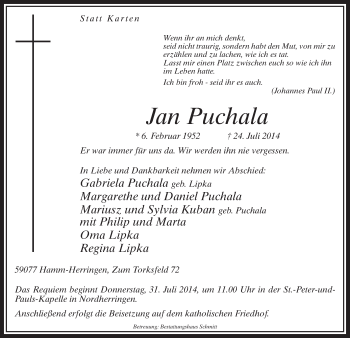 Todesanzeige von Jan Puchala von MZV
