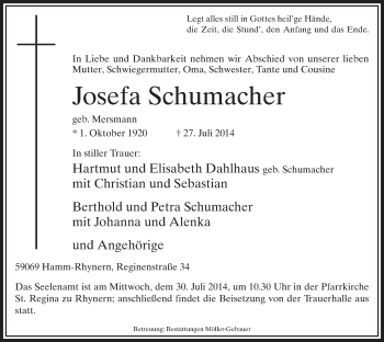 Todesanzeige von Josefa Schumacher von MZV
