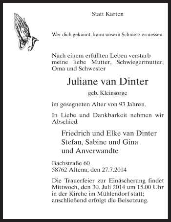 Todesanzeige von Juliane van Dinter von MZV