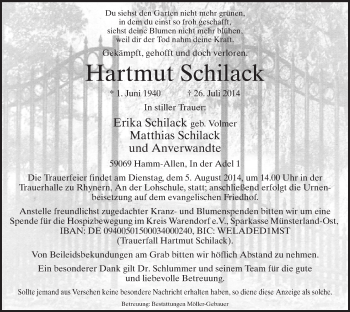 Todesanzeige von Hartmut Schilack von MZV