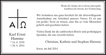 Todesanzeige von Karl Ernst Humme von MZV