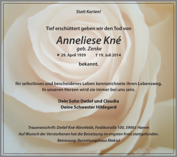 Todesanzeige von Anneliese Kné von MZV