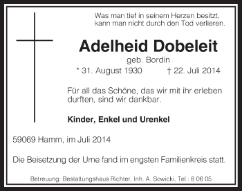 Todesanzeige von Adelheid Dobeleit von MZV