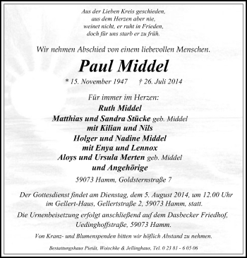 Todesanzeige von Paul Middel von MZV