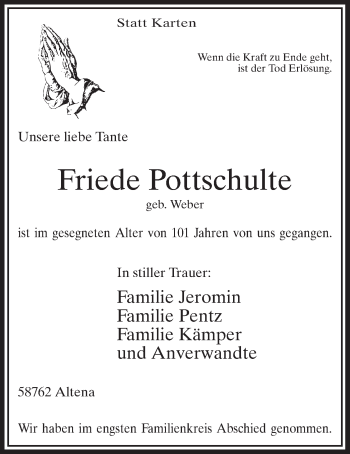 Todesanzeige von Friede Pottschulte von MZV