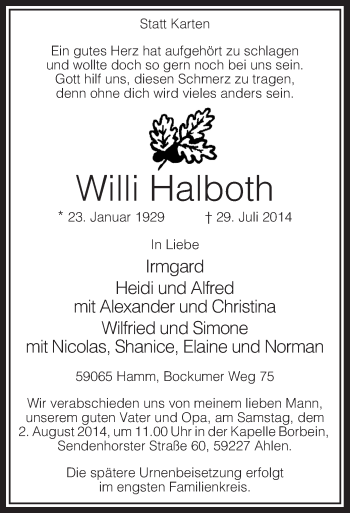 Todesanzeige von Willi Halboth von MZV