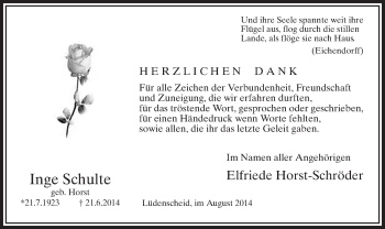 Todesanzeige von Inge Schulte von MZV