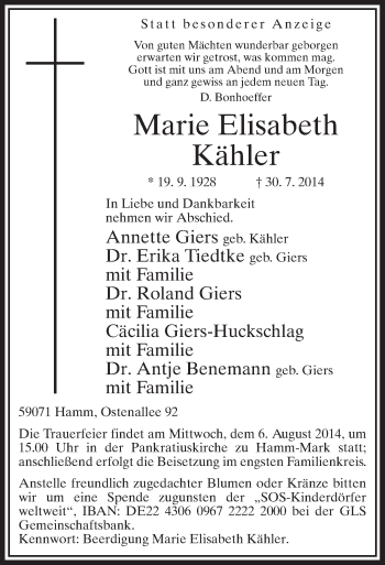 Todesanzeige von Marie Elisabeth von MZV