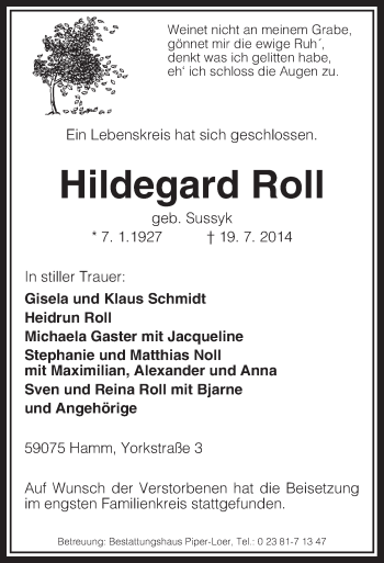 Todesanzeige von Hildegard Roll von MZV