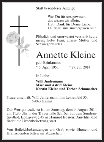 Todesanzeige von Annette Kleine von MZV
