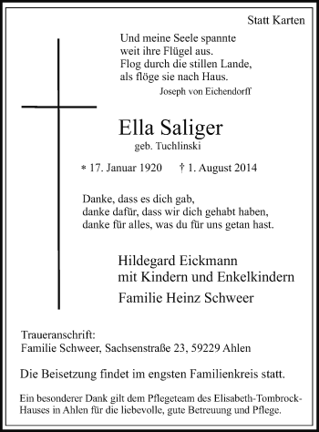 Todesanzeige von Ella Saliger von MZV