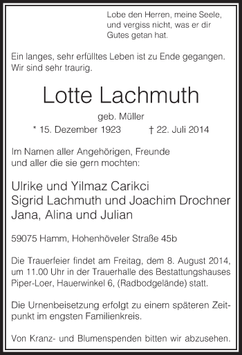 Todesanzeige von Lotte Lachmuth von MZV