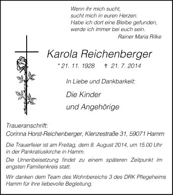 Todesanzeige von Karola Reichenberger von MZV