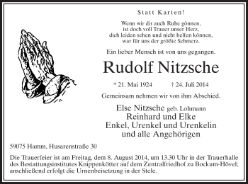 Todesanzeige von Rudolf Nitzsche von MZV
