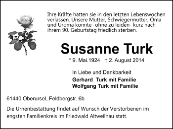 Todesanzeige von Susanne Turk von MZV