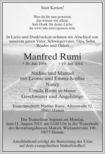 Todesanzeige von Manfred Rumi von MZV