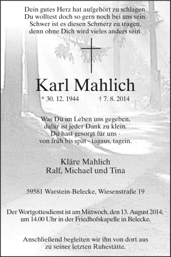 Todesanzeige von Karl Mahlich von MZV