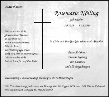 Todesanzeige von Rosenarie Nölling von MZV