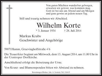 Todesanzeige von Wilhelm Korte von MZV