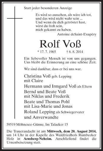 Todesanzeige von Rolf Voß von MZV