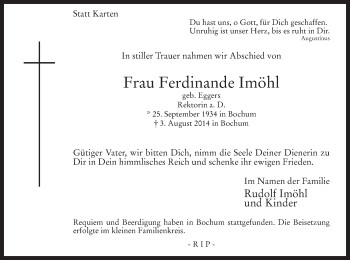 Todesanzeige von Ferdinande Imöhl von MZV
