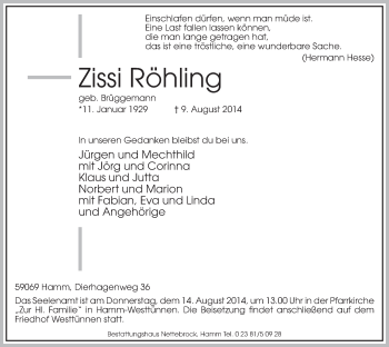 Todesanzeige von Zissi Röhling von MZV
