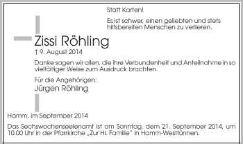 Todesanzeige von Zissi Röhling von MZV
