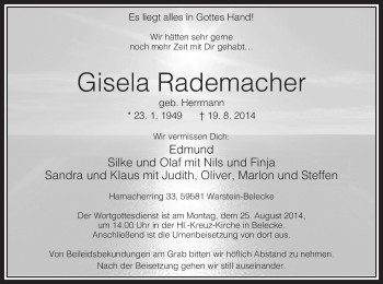Todesanzeige von Gisela Rademacher von MZV