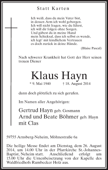 Todesanzeige von Klaus Hayn von MZV