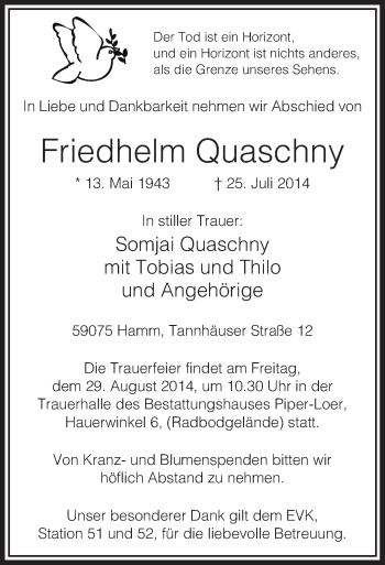 Todesanzeige von Friedhelm Quaschny von MZV