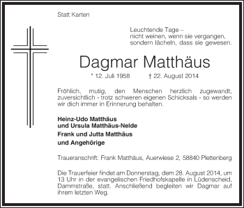 Todesanzeige von Dagmar Matthäus von MZV