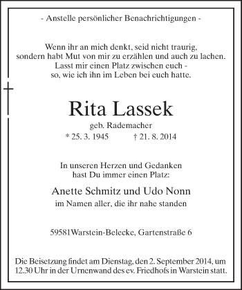 Todesanzeige von Rita Lassek von MZV