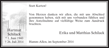 Todesanzeige von Hartmut Schilack von MZV