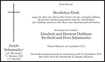 Todesanzeige von Josefa Schumacher von MZV