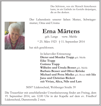 Todesanzeige von Erna Märtens von MZV