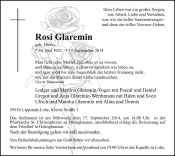 Todesanzeige von Rosi Glaremin von MZV