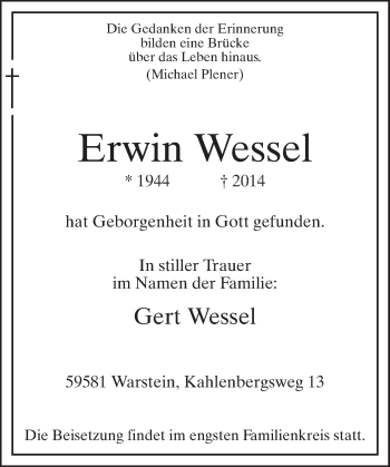 Todesanzeige von Erwin Wessel von MZV