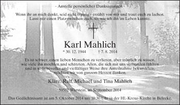 Todesanzeige von Karl Mahlich von MZV