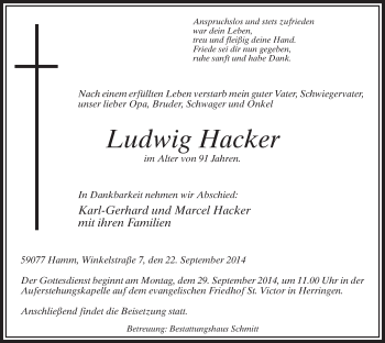 Todesanzeige von Ludwig Hacker von MZV
